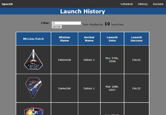 Screenshot from SpaceX statistics website